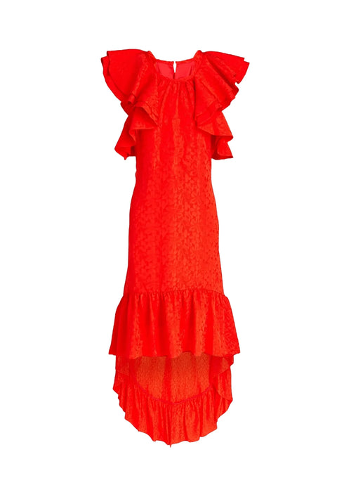 ROBE MAXI À VOLANTS ROUGE
