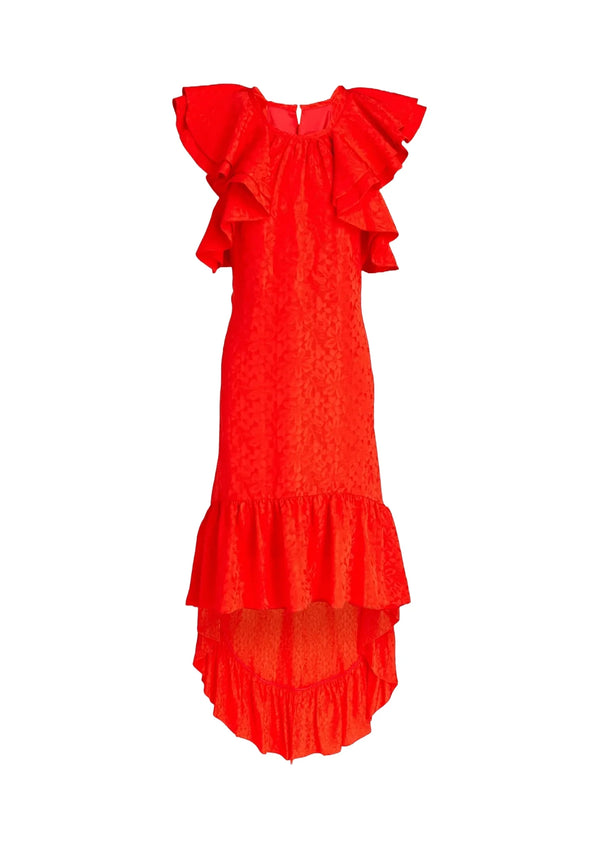 ROBE MAXI À VOLANTS ROUGE
