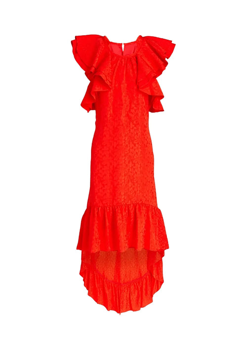 RED RUFFLED MAXI DRESS