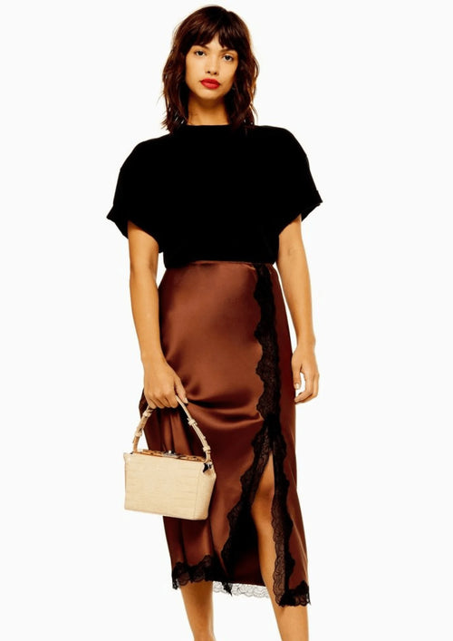 Jupe midi en satin marron