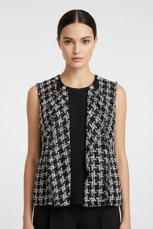 BLOUSE EN SOIE À VOLANTS MOTIF PIED-DE-POULE
