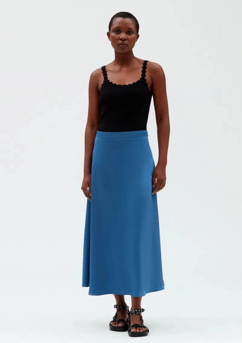 BLUE SATIN MIDI SKIRT