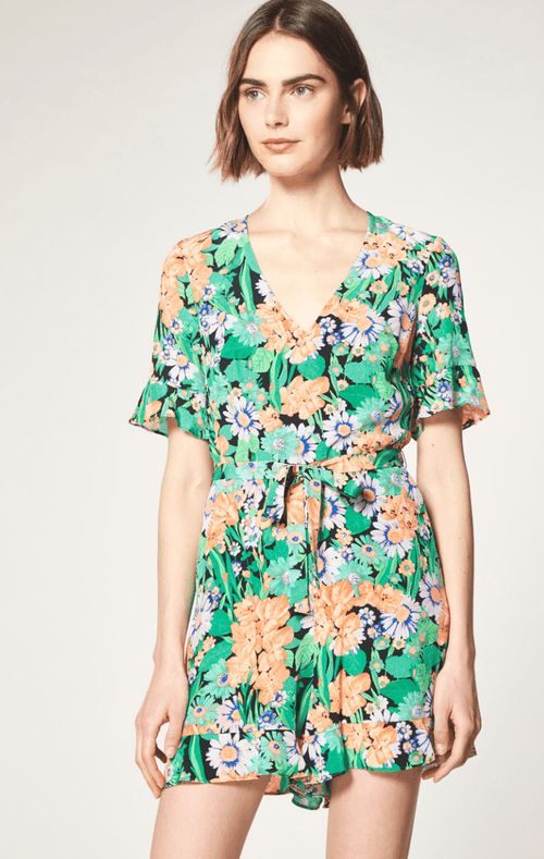 GREEN SILK PLAYSUIT WITH FLORAL PATTERN
