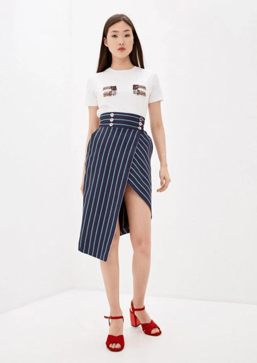 JUPE ASYMÉTRIQUE À RAYURES BLEUES