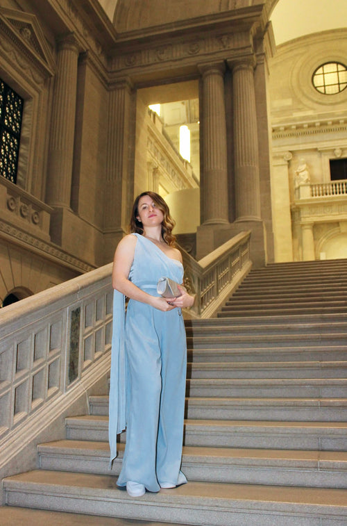 LIGHT BLUE ONE-SHOULDER JUMPSUIT