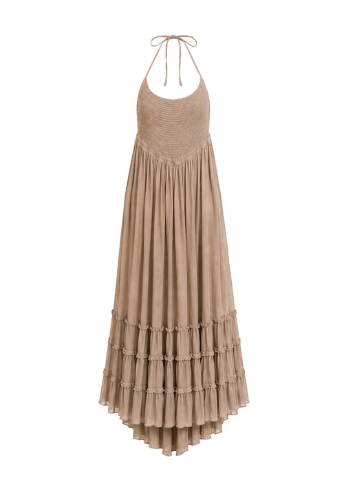 ROBE LONGUE SANS BRETELLES BEIGE FROISSÉE