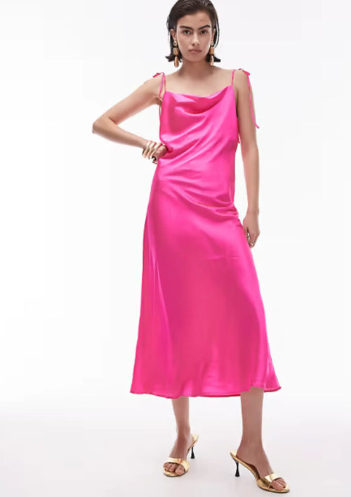 FUCHSIA SATIN MIDI DRESS