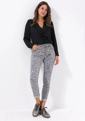 GRAUE LEOPARDEN-JIVE-DENIM-HOSE