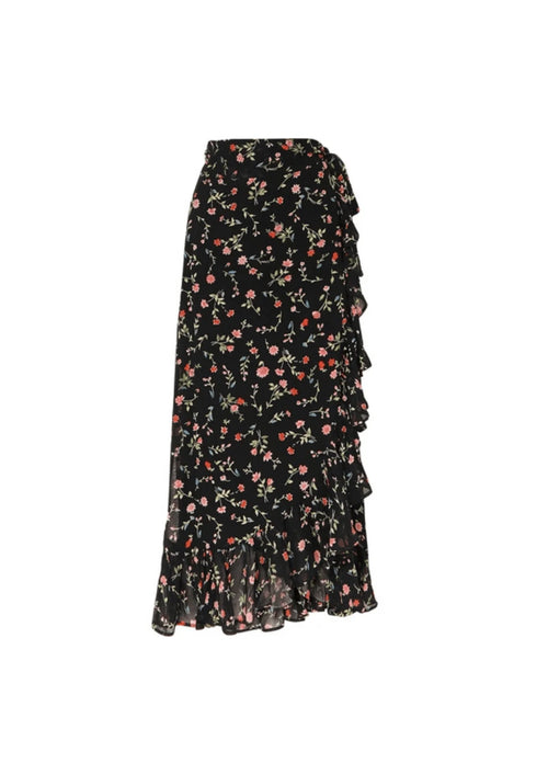 RUFFLED PRINTED MIDI WRAP SKIRT
