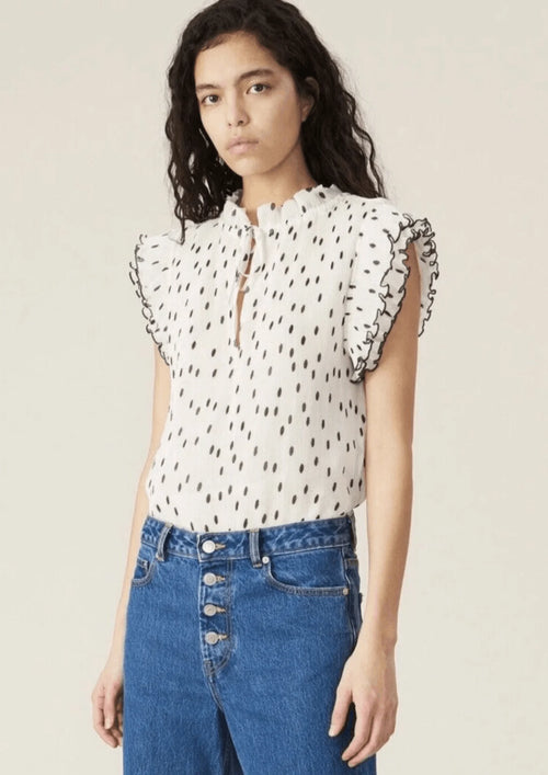 WHITE POLKA-DOT PLEATED TOP
