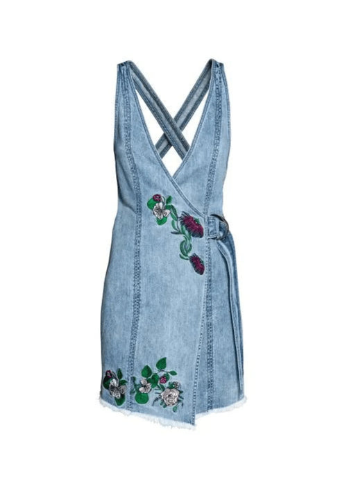 DENIM FLORAL EMBROIDERED DRESS