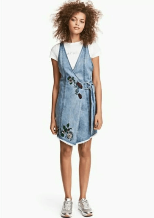 DENIM FLORAL EMBROIDERED DRESS