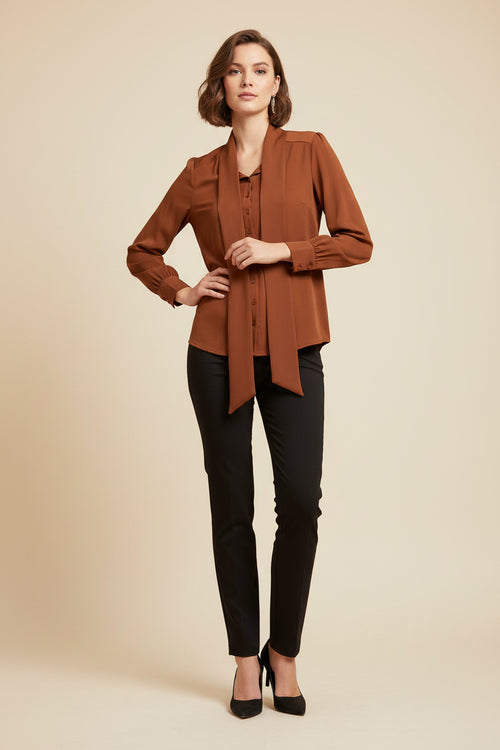 BROWN PUSSY BOW BLOUSE
