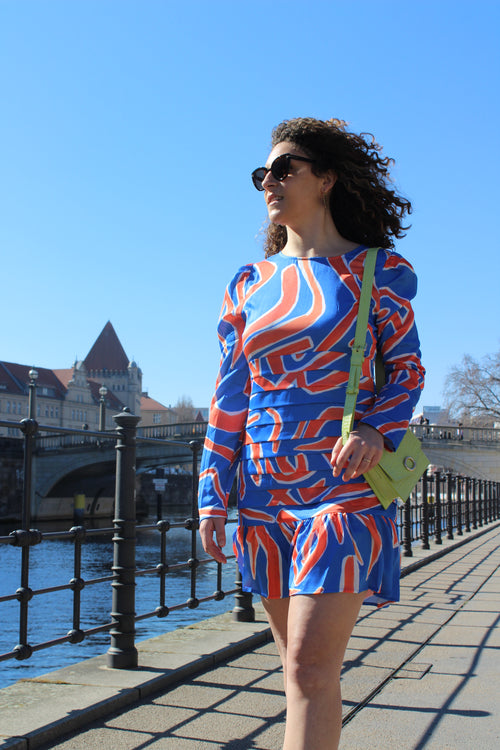 Blau & Orange Mini -Kleid