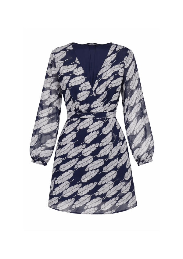 NAVY BLUE DRESS WITH LEAF PRINTS