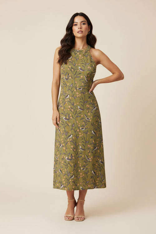 GREEN PRINTED MIDI DRESS