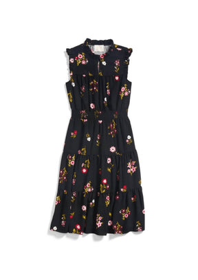 SCHWARZES BLUMEN-MIDI-KLEID