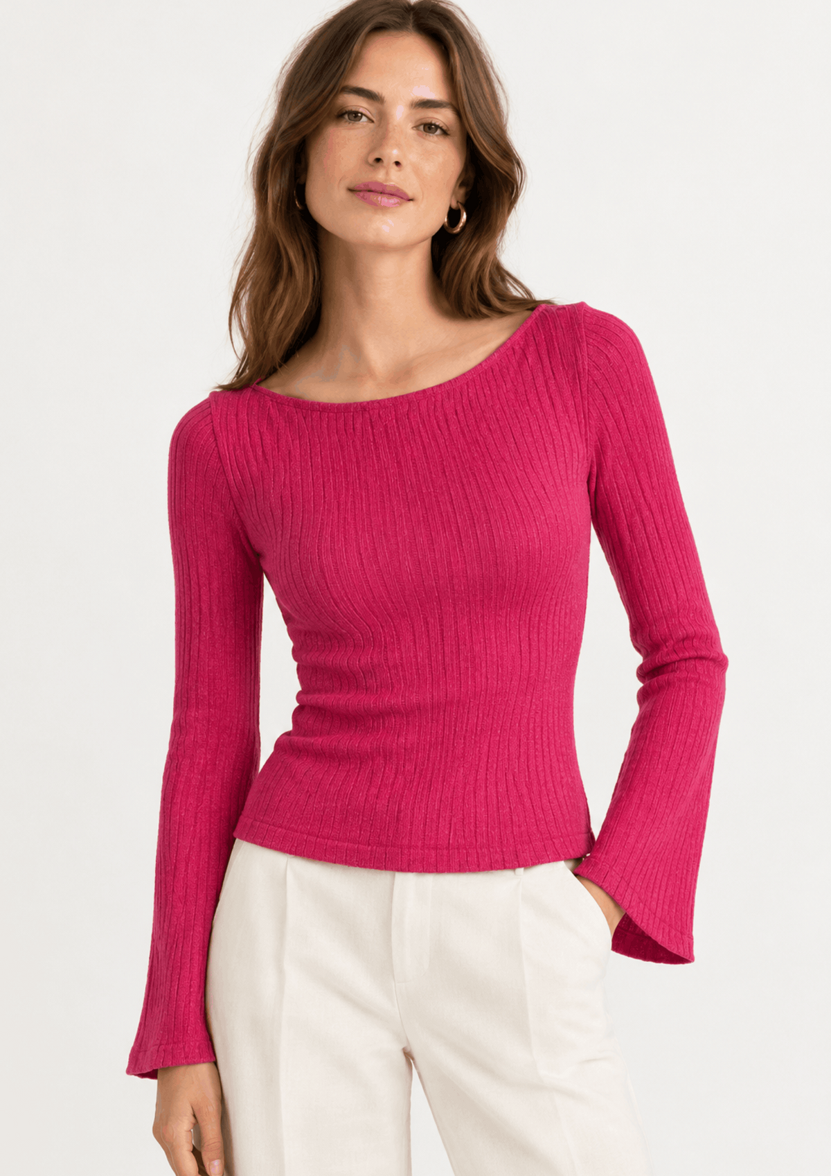 FUCHSIA RIBBED LONG-SLEEVED TOP