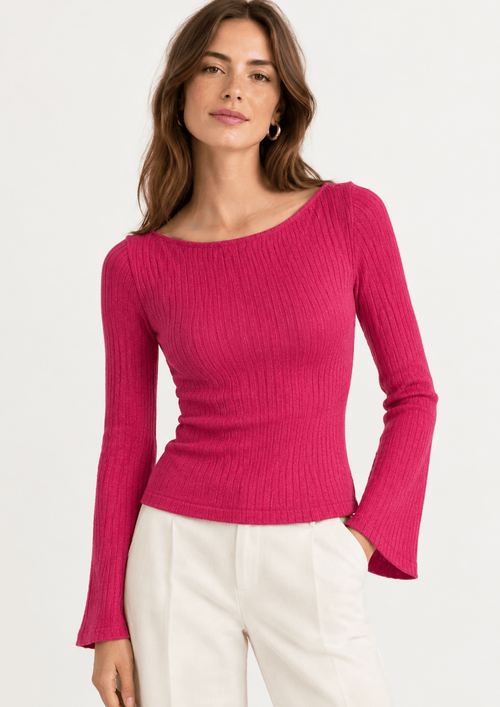FUCHSIA RIBBED LONG-SLEEVED TOP