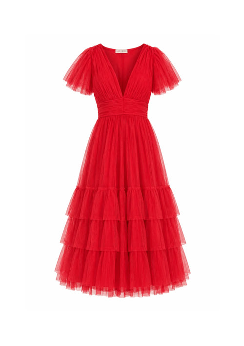 RED MADISON TULLE MIDI DRESS