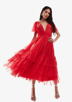 RED MADISON TULLE MIDI DRESS