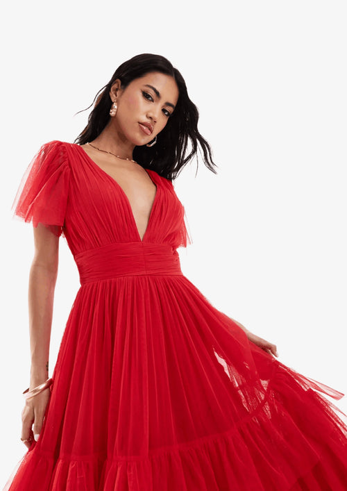 RED MADISON TULLE MIDI DRESS