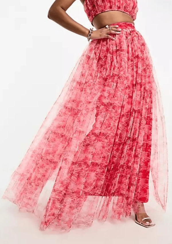 RED FLORAL TULLE MAXI SKIRT