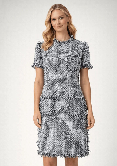 BLUE FRAYED TWEED DRESS