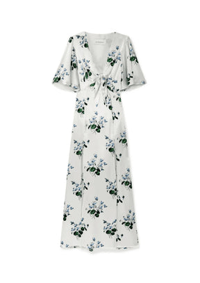 WHITE LONG FLORAL SILK DRESS