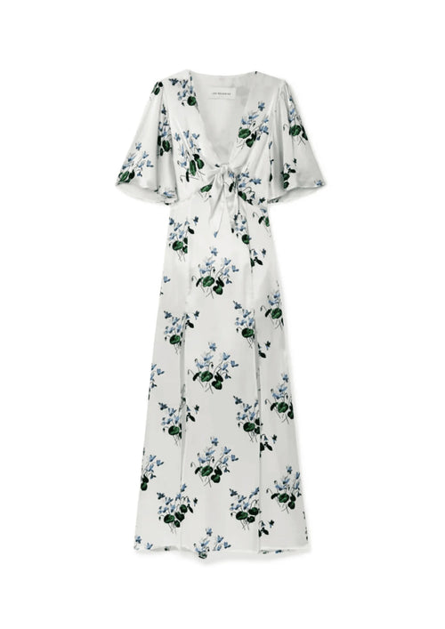 WHITE LONG FLORAL SILK DRESS