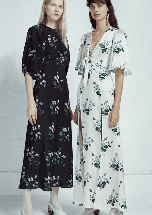 WHITE LONG FLORAL SILK DRESS