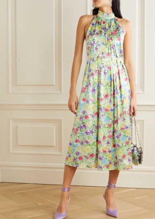 MULTICOLORED PLEATED FLORAL MIDI DRESS