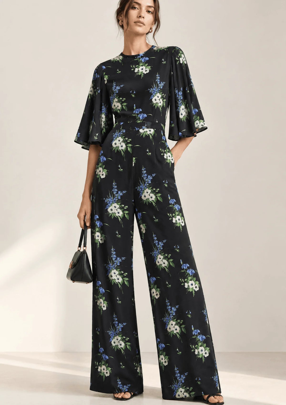 BLACK FLORAL SILK JUMPSUIT