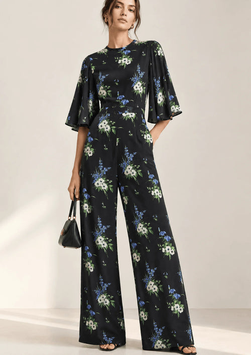 BLACK FLORAL SILK JUMPSUIT