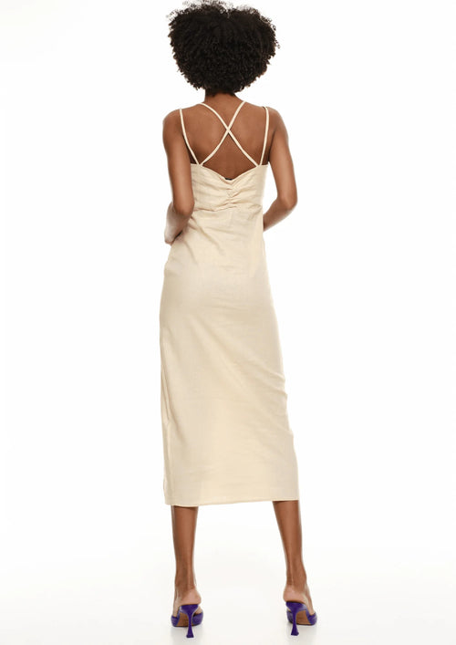 BEIGES LEINEN-MIDIKLEID