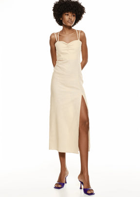 BEIGES LEINEN-MIDIKLEID
