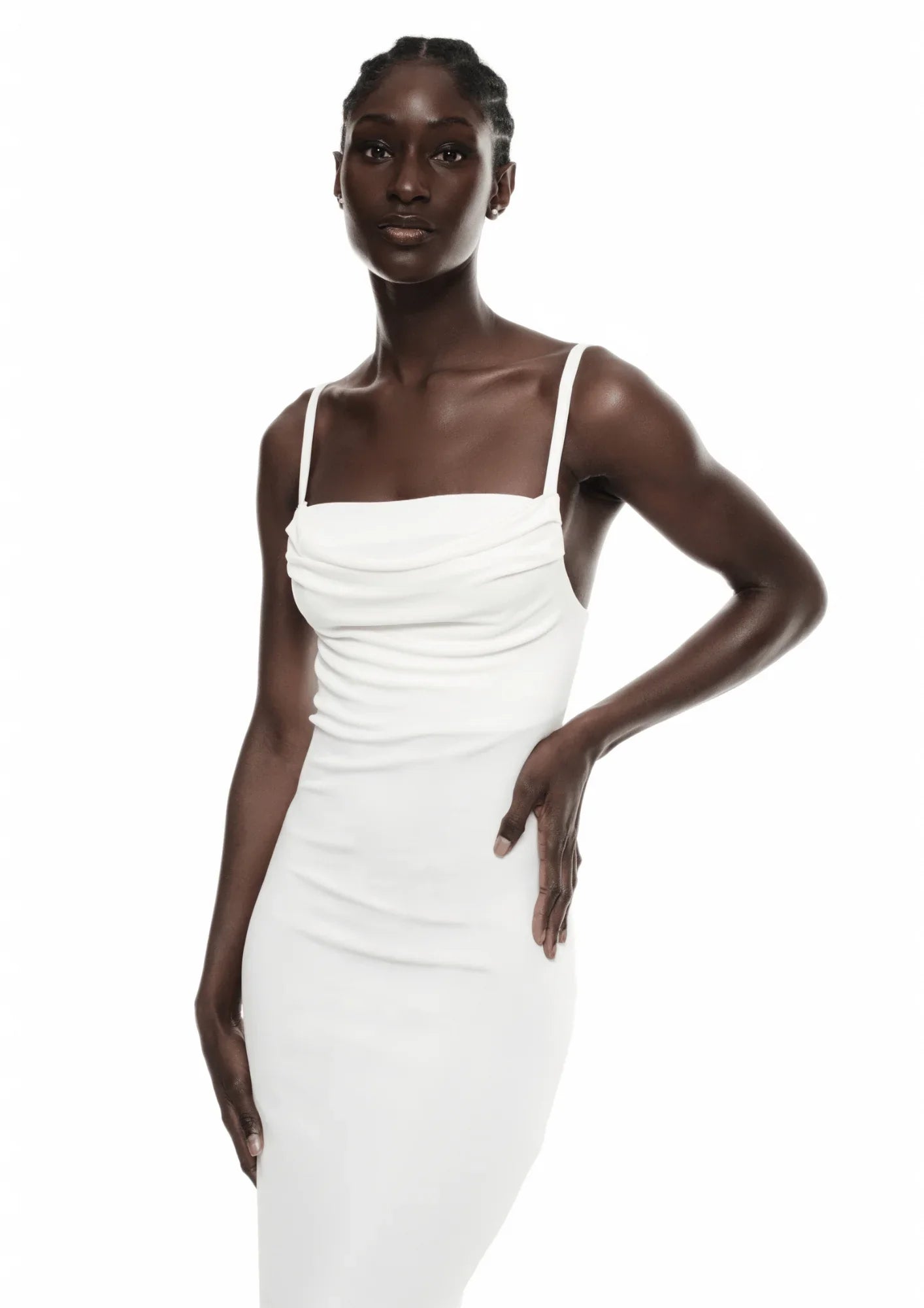 WHITE MIDI DRESS WITH DRAPING