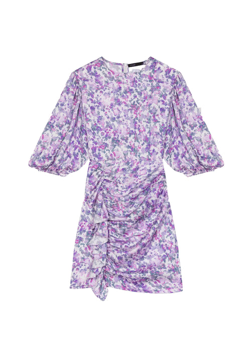 RUFFLED PRINTED SATIN MINI DRESS