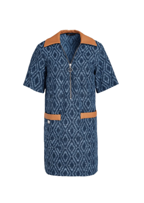 FAUX-LEATHER DENIM MINI DRESS