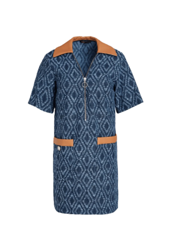 FAUX-LEATHER DENIM MINI DRESS