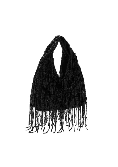 BLACK BEADED FRINGED HANDBAG