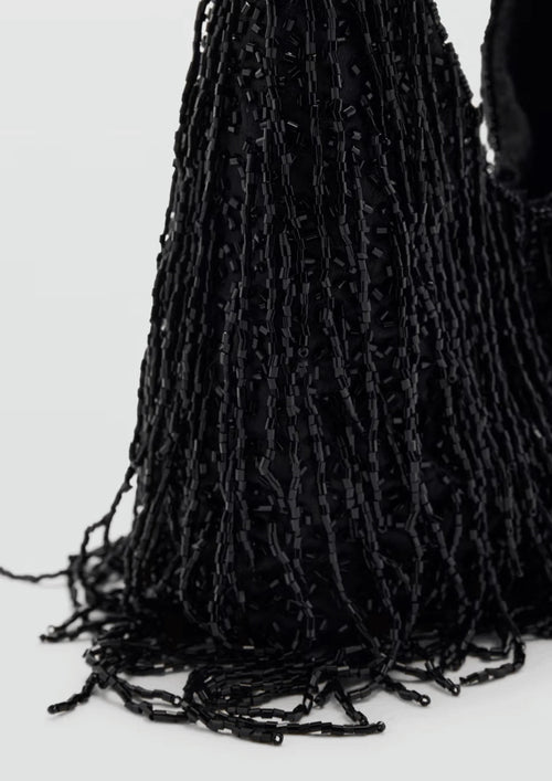 BLACK BEADED FRINGED HANDBAG
