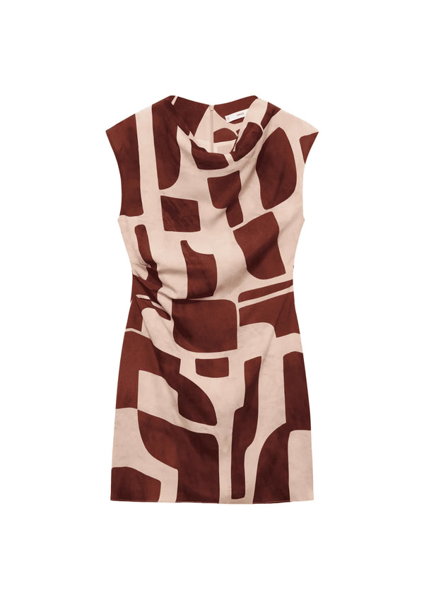 BROWN DRESS WITH DRAPED NECKLINE