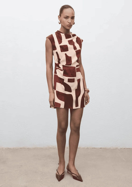 BROWN DRESS WITH DRAPED NECKLINE