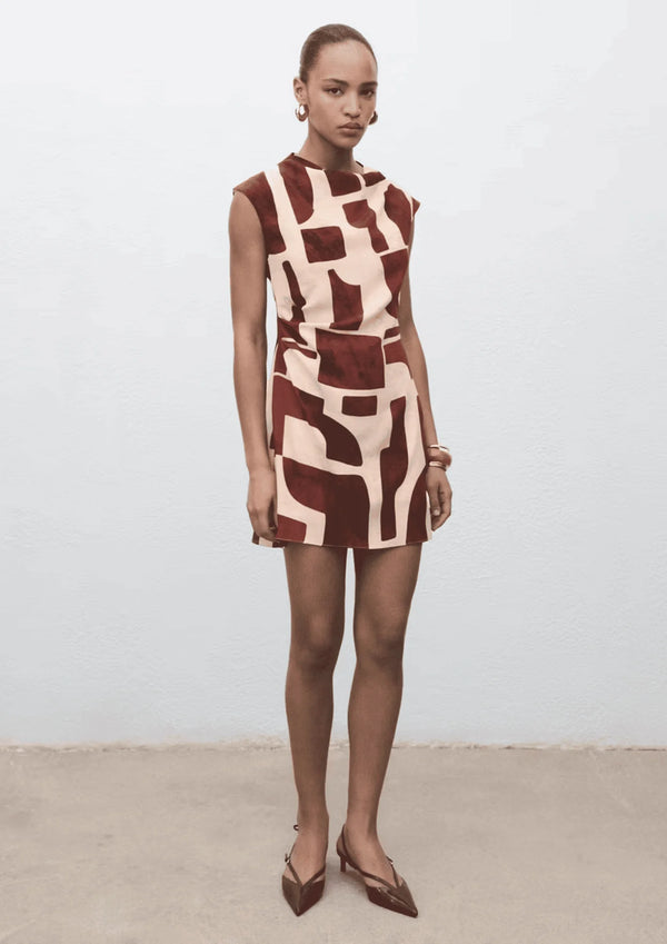 BROWN DRESS WITH DRAPED NECKLINE