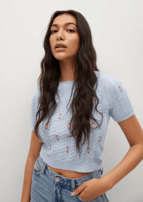 BLUE EMBROIDERED FLORAL TOP