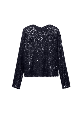 BLUE LONG SLEEVE SEQUINED TOP