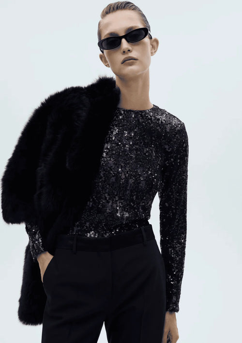 BLUE LONG SLEEVE SEQUINED TOP