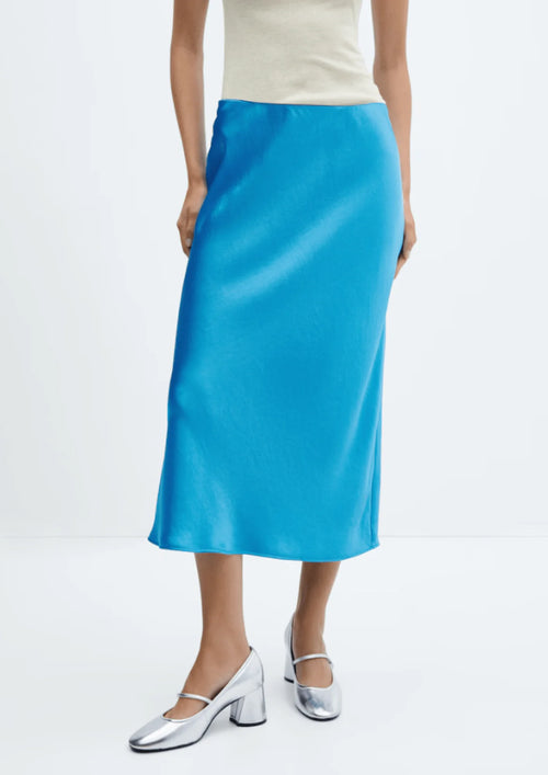 BLUE SATIN EFFECT MIDI SKIRT