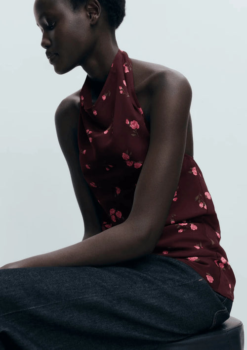 BROWN DRAPED FLORAL TOP